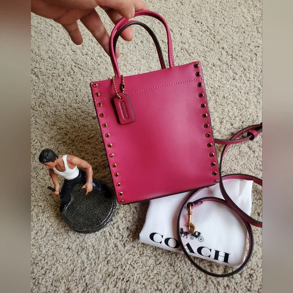 NWT COACH, the Glove-Tanned Leather Crystal Rivets Mini Cashin Tote Bag - Picture 2 of 7